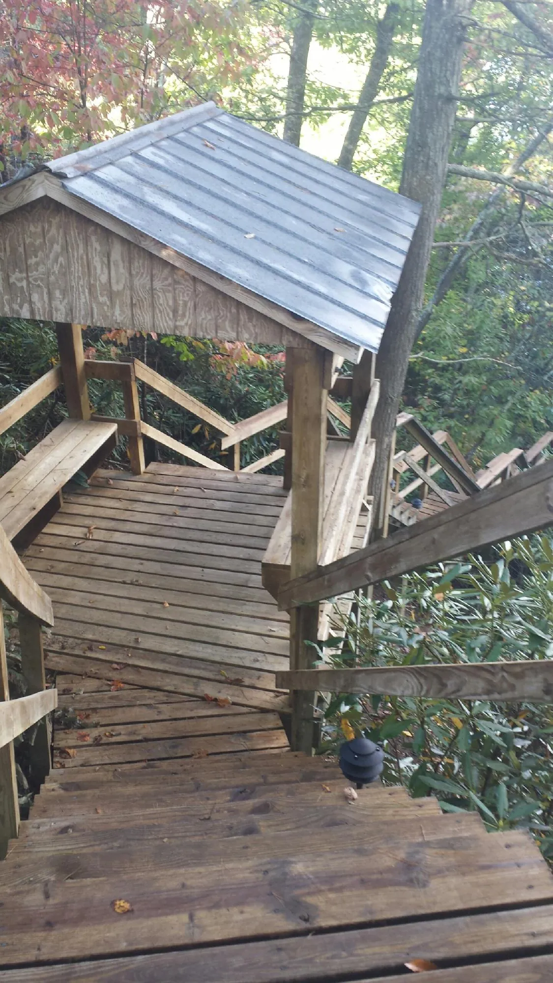 Metal roofed shelter over wooden steps on a wooded walkway — Skylight Repair & Installation work by our crew in Maupin